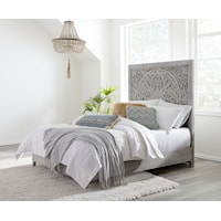 Queen Platform Bed in Washed White with Intricate Headboard