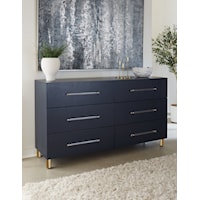 6-Drawer Dresser in Navy Blue and Burnished Brass