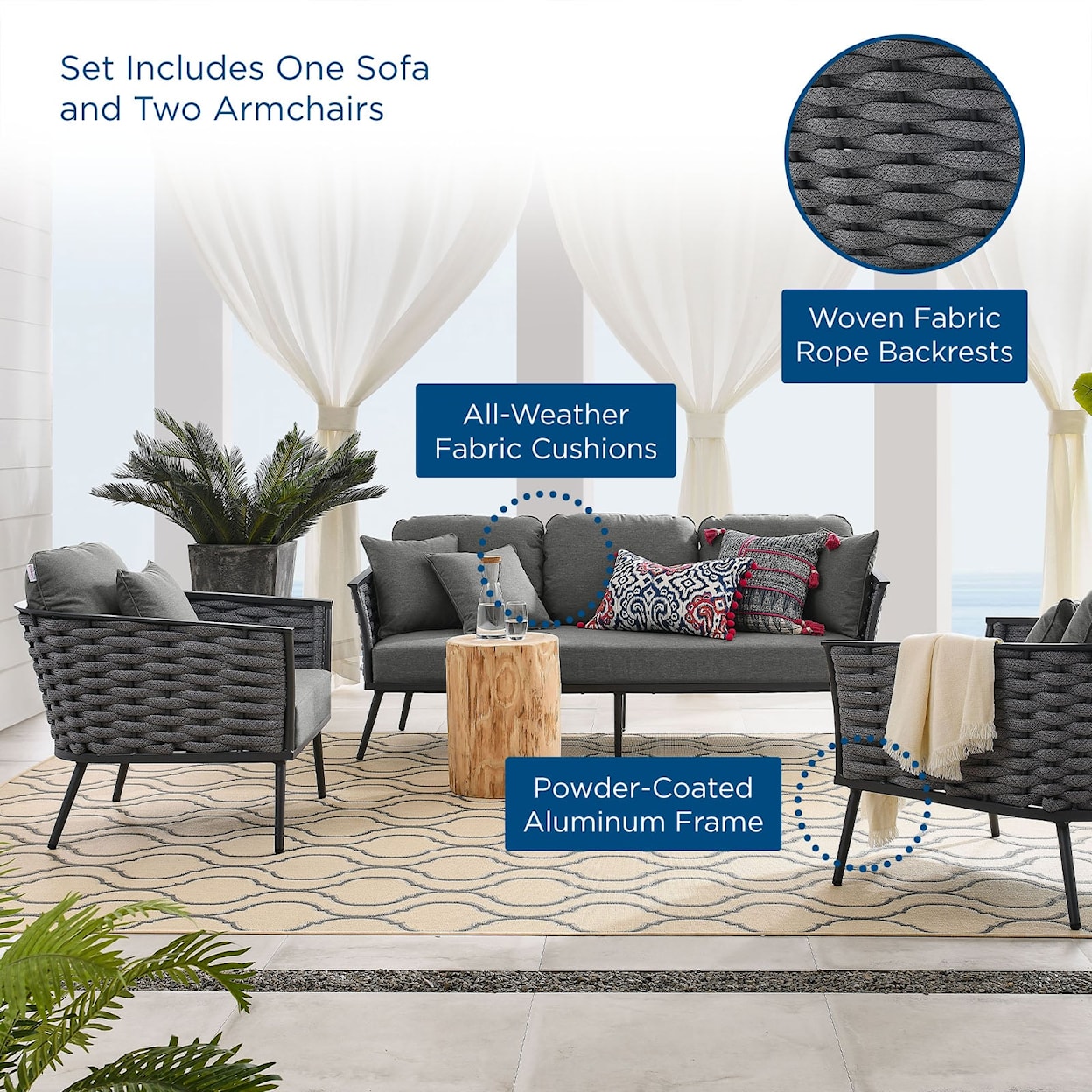 Modway Stance Stance 3 Piece Outdoor Sofa Set