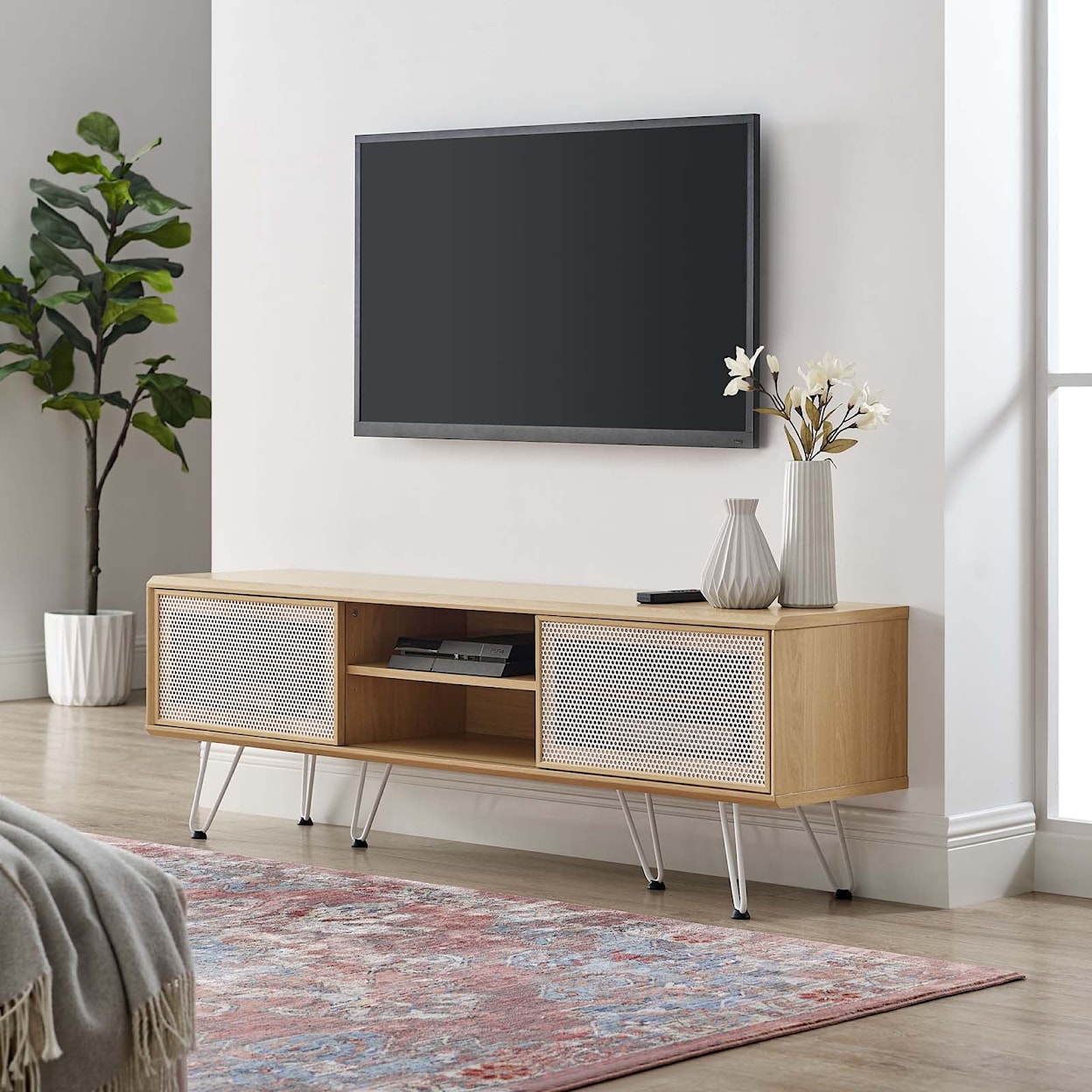 Modway Nomad TV Stand with Sliding Metal Mesh Doors