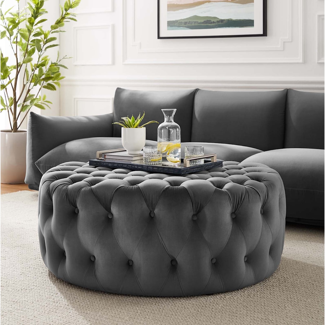 Modway Amour Amour Button Large Round Velvet Ottoman