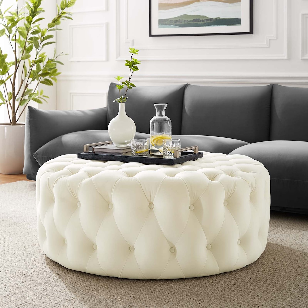 Modway Amour Amour Button Large Round Velvet Ottoman