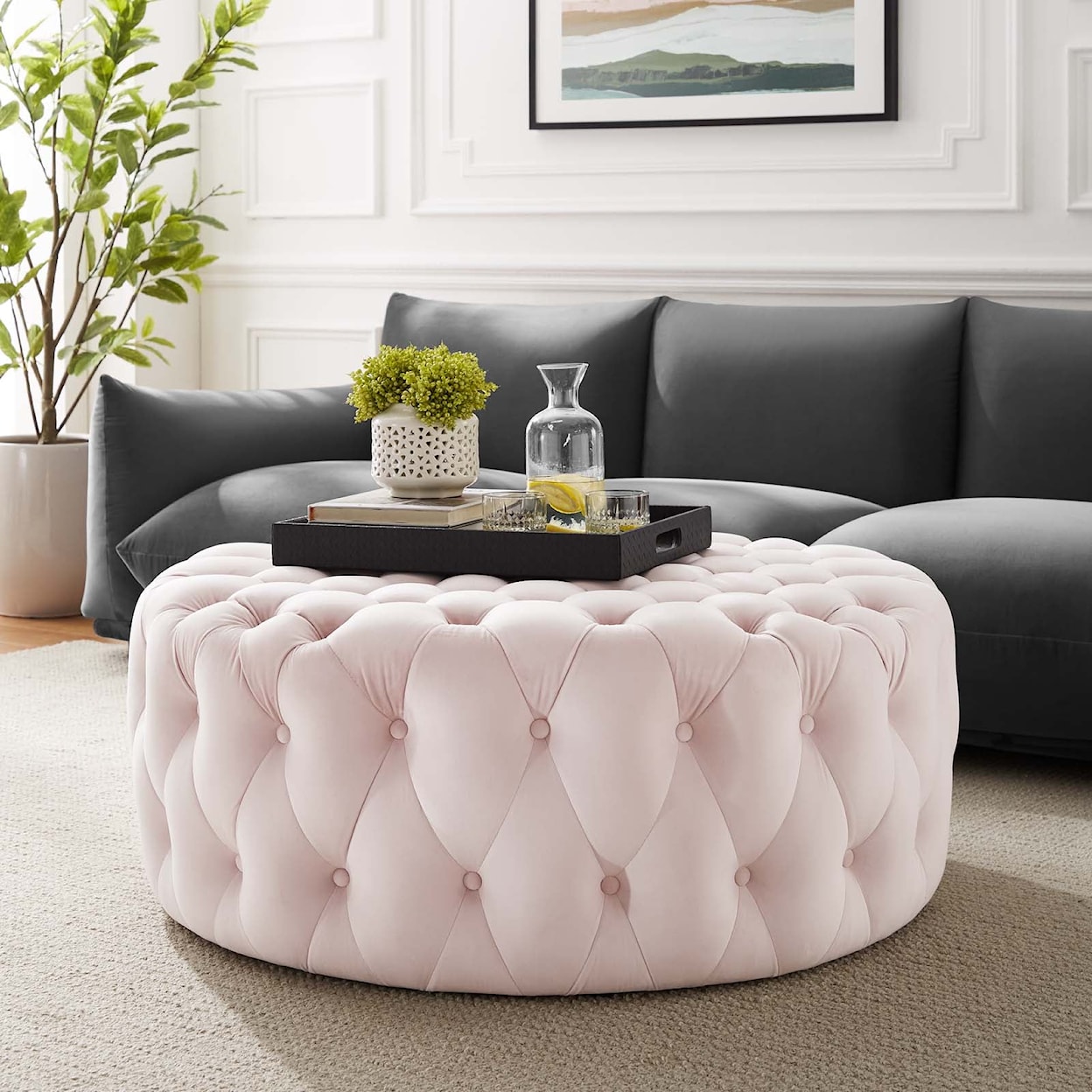 Modway Amour Amour Button Large Round Velvet Ottoman