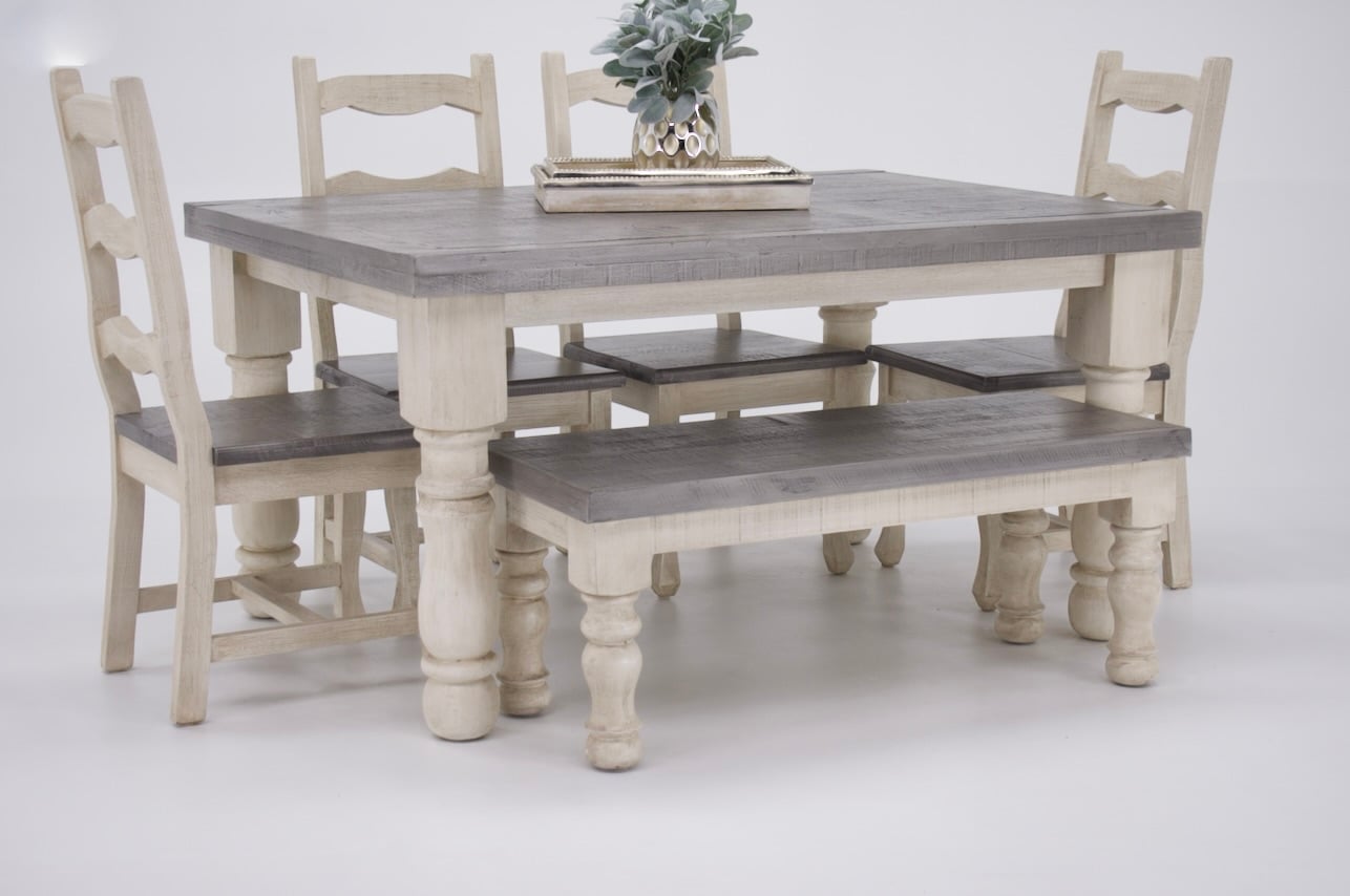 Vintage MANSION Mansion Dove Dining Table, 4 Chairs & Bench