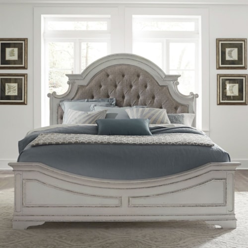 Traditional Queen Upholstered Panel Bed with Button Tufted Headboard