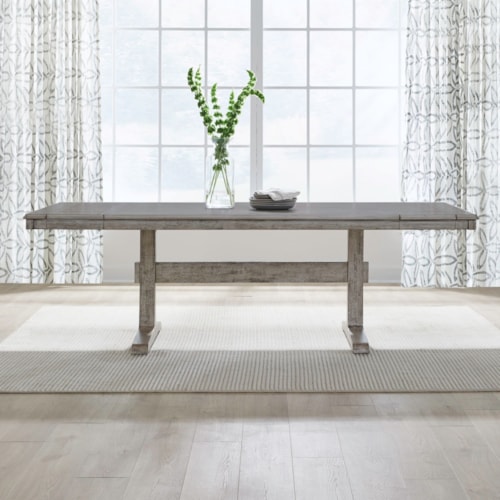 Transitional 71" Trestle Dining Table w/Two Removable Leaves