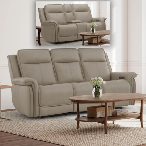 Transitional Power Reclining Sofa and Loveseat with Power Headrest and Lumbar