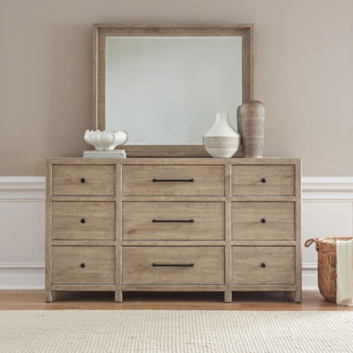 Transitional 9-Drawer Dresser and Mirror Set