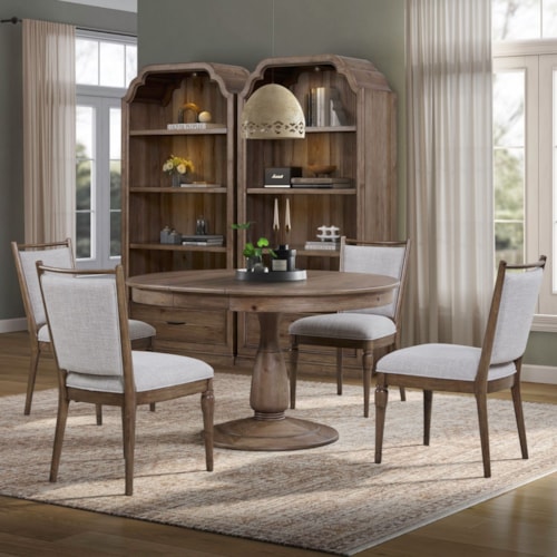 Transitional 5-pc. Pedestal Extension Dining Set with Upholstered Side Chairs