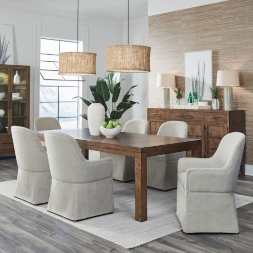 Transitional 7-Piece Dining Set with Upholstered Arm Chairs