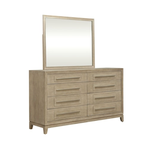 Contemporary 8-Drawer Dresser and Mirror with Felt-Lined Top Drawers