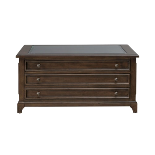 Transitional 3-Drawer Square Cocktail Table with Glass Top