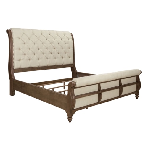 Traditional Upholstered King Sleigh Bed with Button Tufting