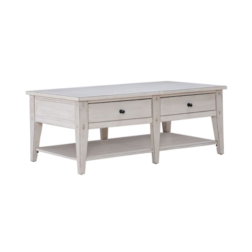 Rustic 2-Drawer Cocktail Table with Lower Shelf and Casters