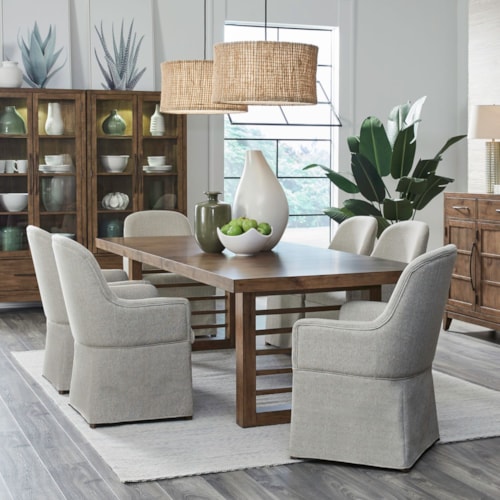 Transitional 7-Piece Dining Set with Upholstered Arm Chairs