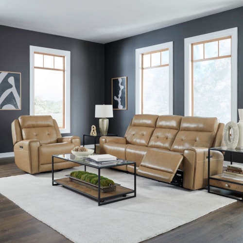 Casual Leather Power Reclining Sofa & Recliner Set with USB Ports