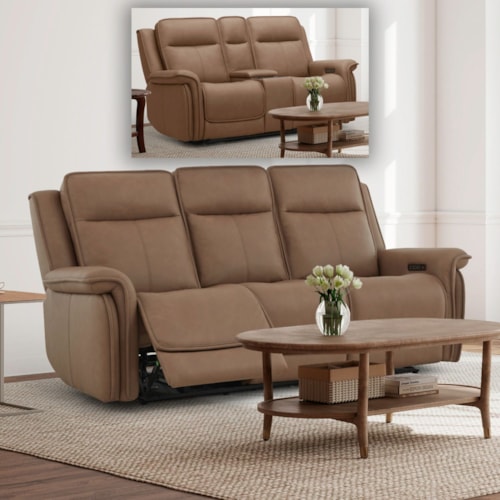 Transitional Power Reclining Sofa and Loveseat with Power Headrest and Lumbar