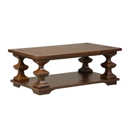 Traditional Rectangular Cocktail Table with Bottom Shelf and Turned Legs