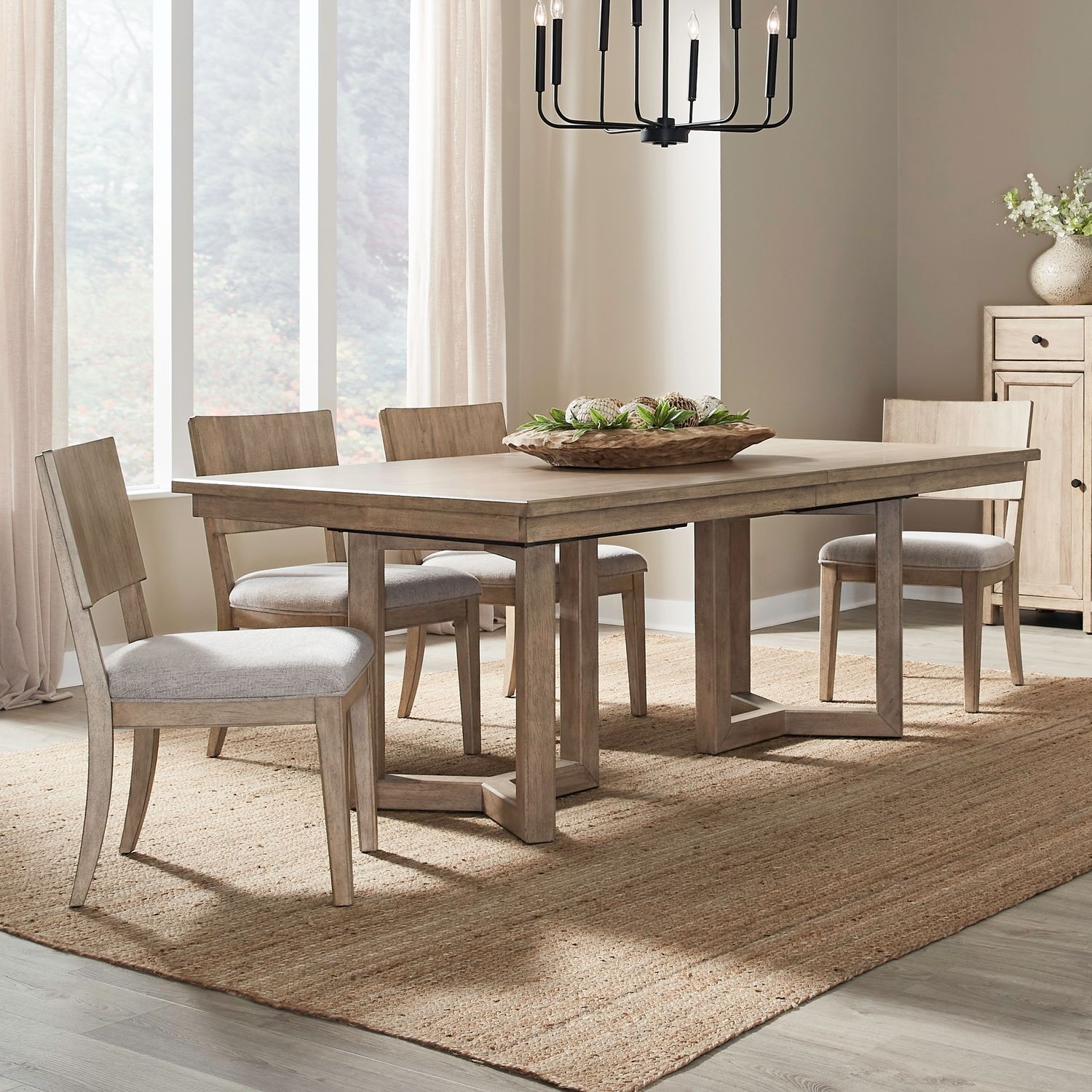 Transitional 5-Piece Double Pedestal Table Dining Set