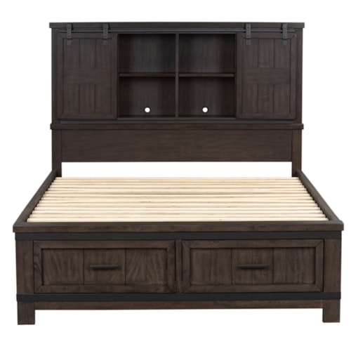 Transitional King Bookcase Bed with Storage Footboard