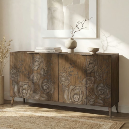 Traditional 4-Door Accent Cabinet with Botanical Art