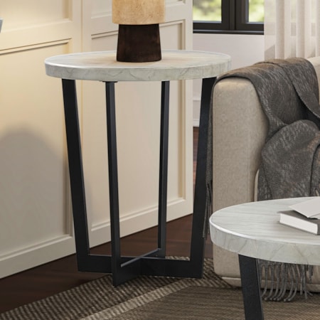26" Rd. Faux-Travertine Stone-Top End Table