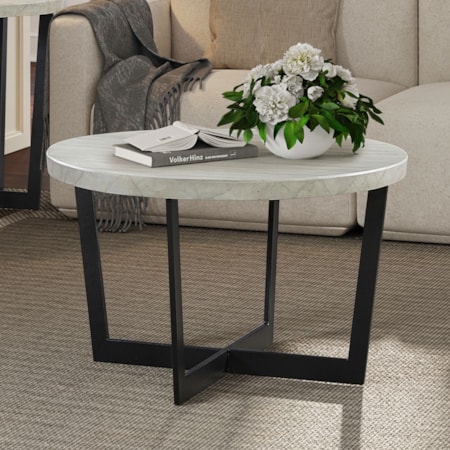 38" Rd. Faux Travertine-Top Cocktail Table