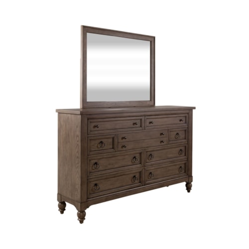 Transitional 9-Drawer Dresser and Landscape Mirror Set