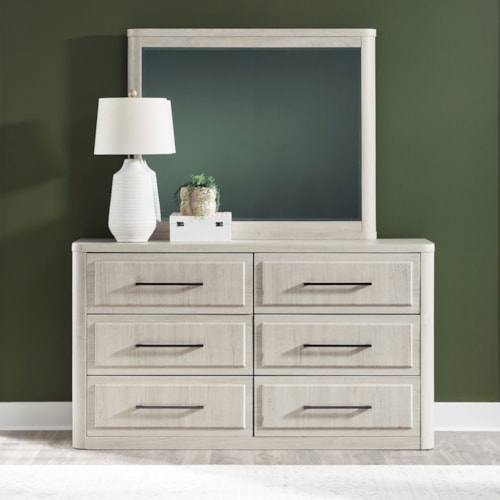 Transitional 6-Drawer Dresser and Landscape Mirror Set