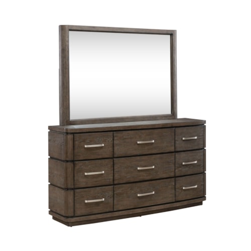 Contemporary 9-Drawer Dresser and Mirror Set with Silver Handles