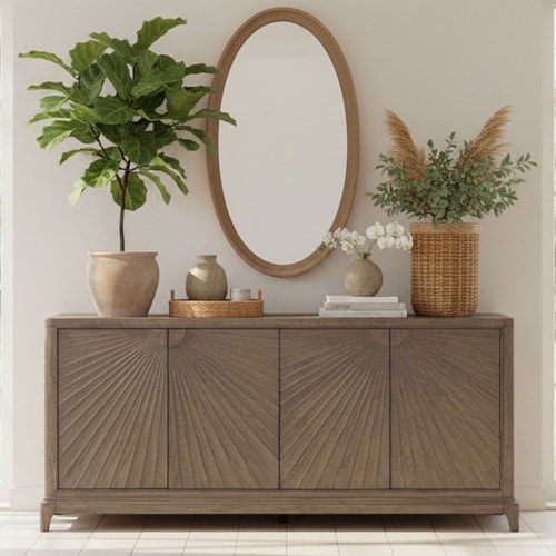 Contemporary Four-Door Sunburst Accent Cabinet with Soft-Close Hinges