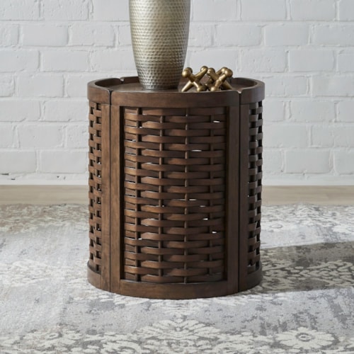 Contemporary Round End Table with Basket Weave Detail