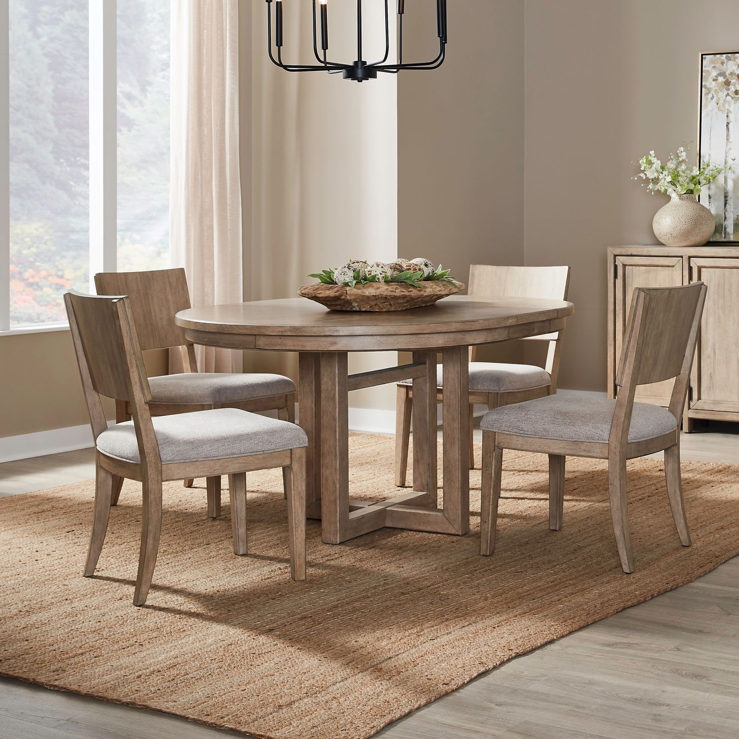 Transitional 5-Piece Pedestal Table Dining Set