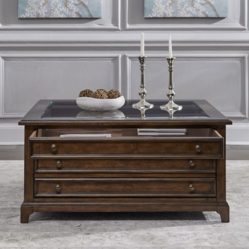Transitional 3-Drawer Square Cocktail Table with Glass Top