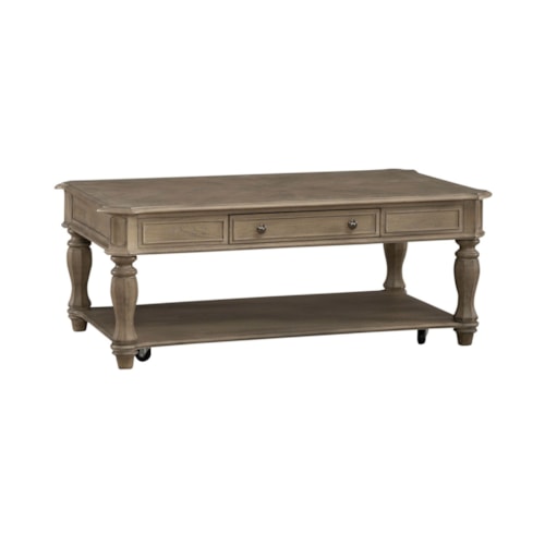 Traditional Rectangular Cocktail Table with Casters and Storage Drawer