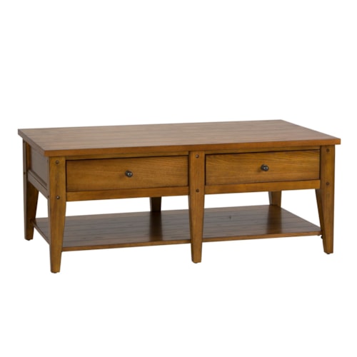 Rustic 2-Drawer Cocktail Table with Lower Shelf and Casters