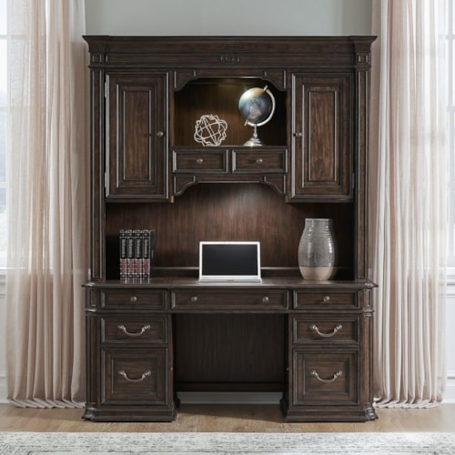 Traditional Credenza and Hutch with Locking Storage Drawers