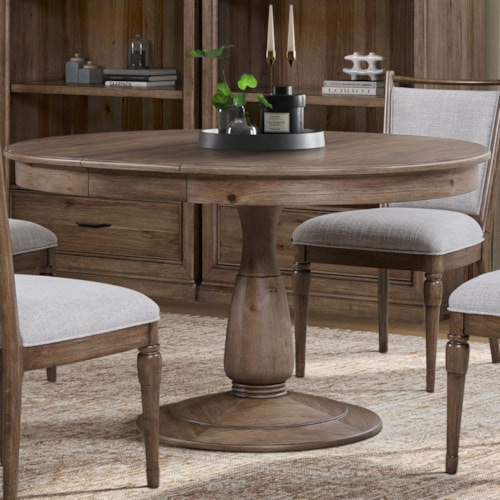 Transitional 42" Round Pedestal Dining Table with 12" Extension Leaf