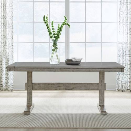 Transitional 71" Trestle Dining Table w/Two Removable Leaves
