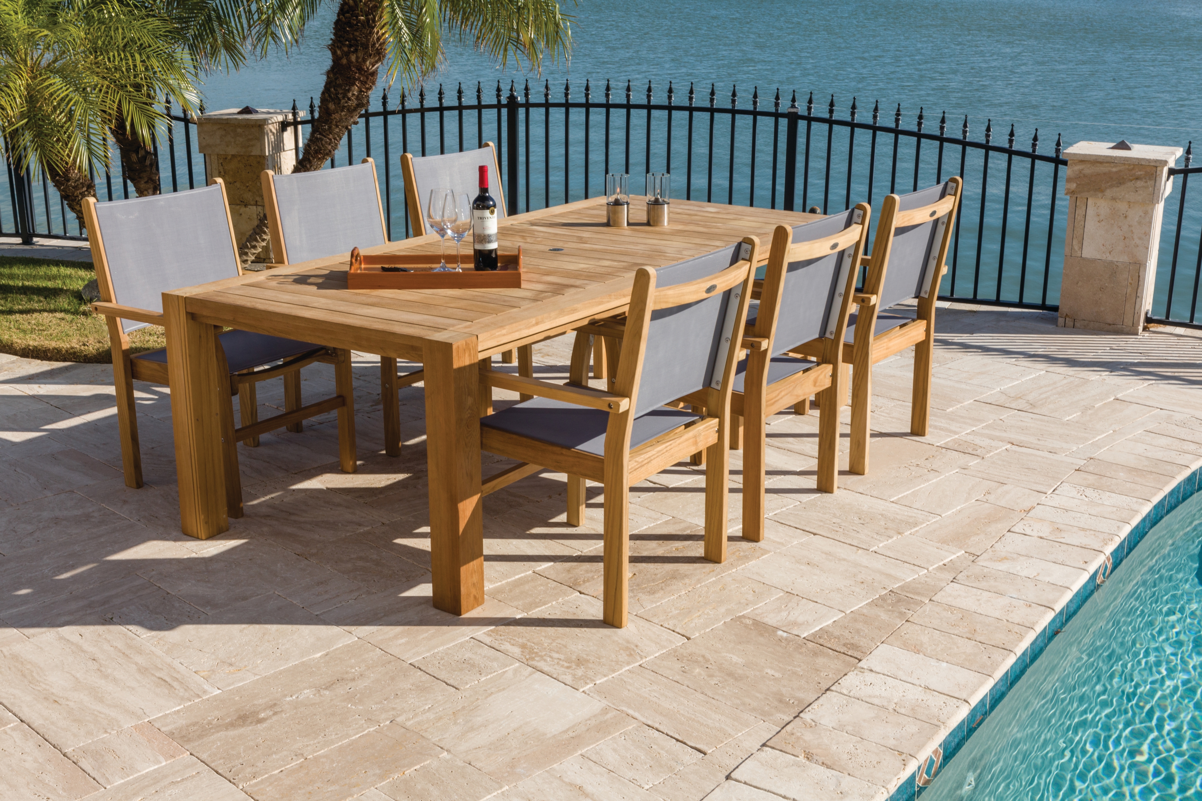 Teak Sling Stacking Dining Armchair - Gray