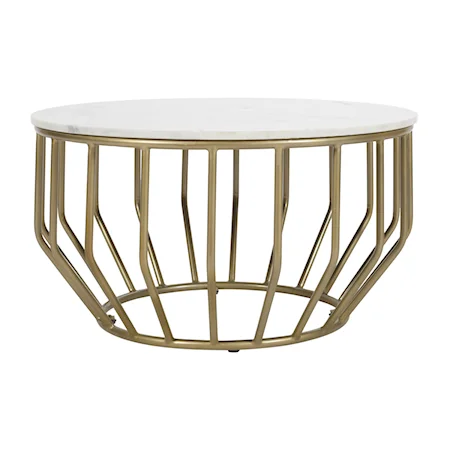 Contemporary Coffee Table with Marble Top and Geometric Gold Powder Coated Base