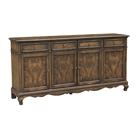 Traditional 4-Door 4-Drawer Sideboard with Raised Scrollwork Door Fronts