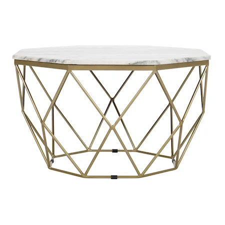 Contemporary White Marble Coffee Table with Geometric Gold Powder Coated Base