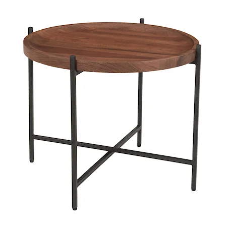 Contemporary Round Tray Top Side Table with Black Metal Legs