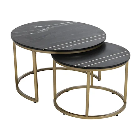 Contemporary Set of 2 Nesting Tables with Black Marble Tops and Gold Powder Coated Base