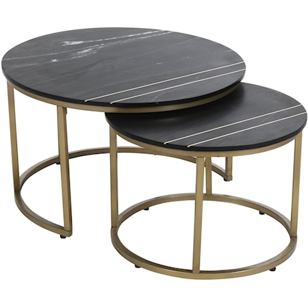 Contemporary Set of 2 Nesting Tables with Black Marble Tops and Gold Powder Coated Base