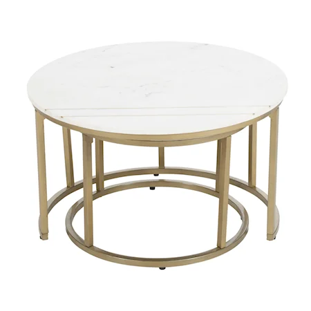 Contemporary Set of 2 Nesting Tables with White Marble Tops and Gold Powder Coated Base