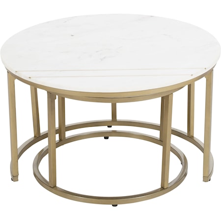 Contemporary Set of 2 Nesting Tables with White Marble Tops and Gold Powder Coated Base