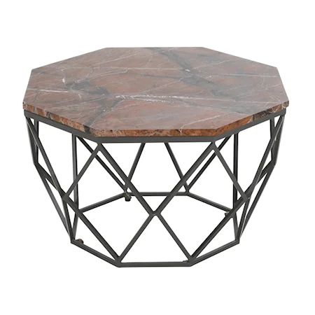 Contemporary Dark Marble Coffee Table with Geometric Black Powder Coated Base