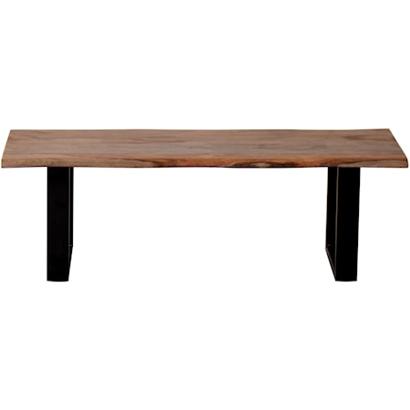 Transitional Solid Wood Dining Bench with Live Edge and Black Powder Coated Iron Legs